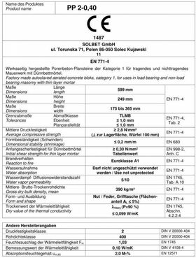 Cellular concrete SOLBET PP2-040 according to german norm DIN V 4108-4